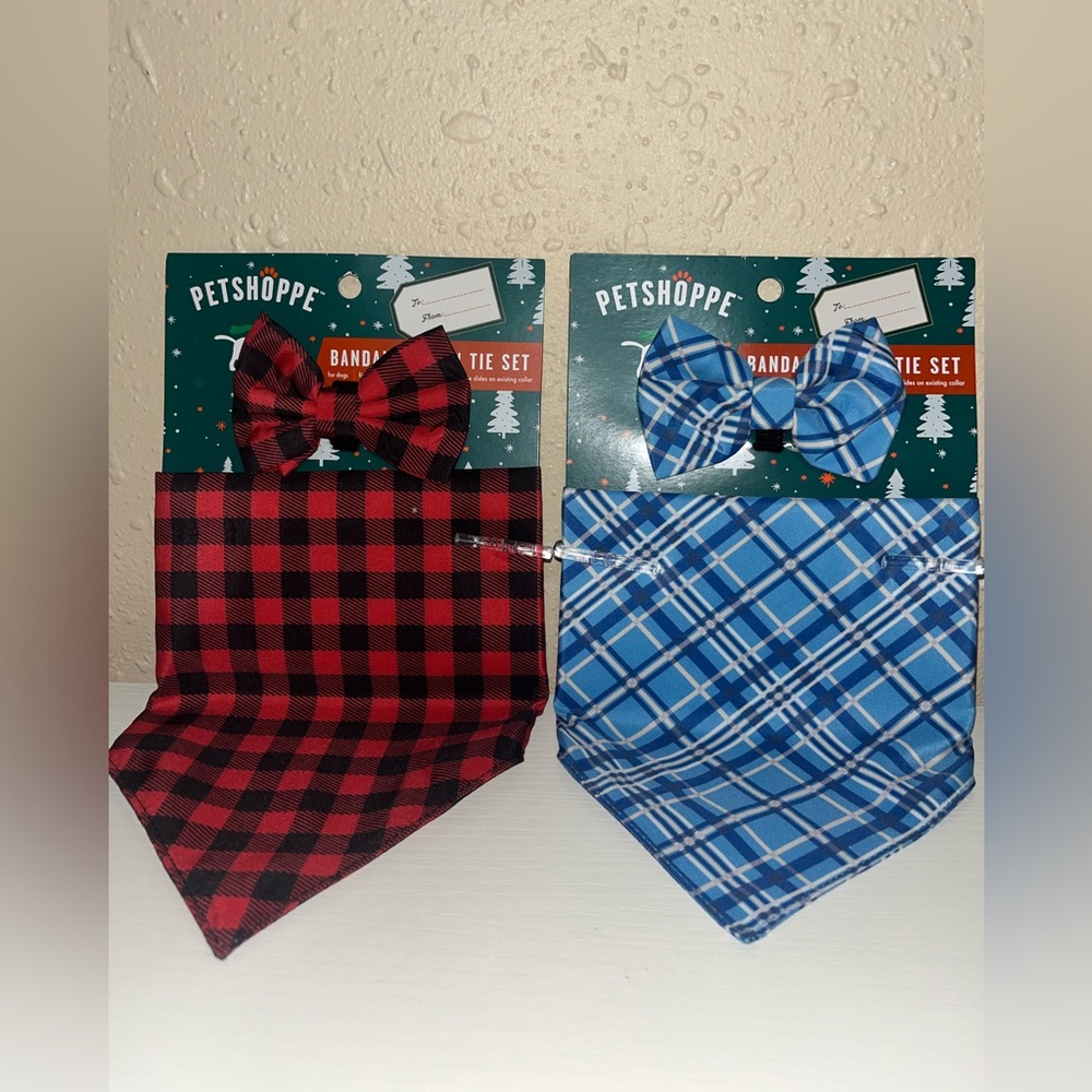Petshoppe set of 2 dog bandana and bow tie sets plaid red and blue plaid 12-35lb
